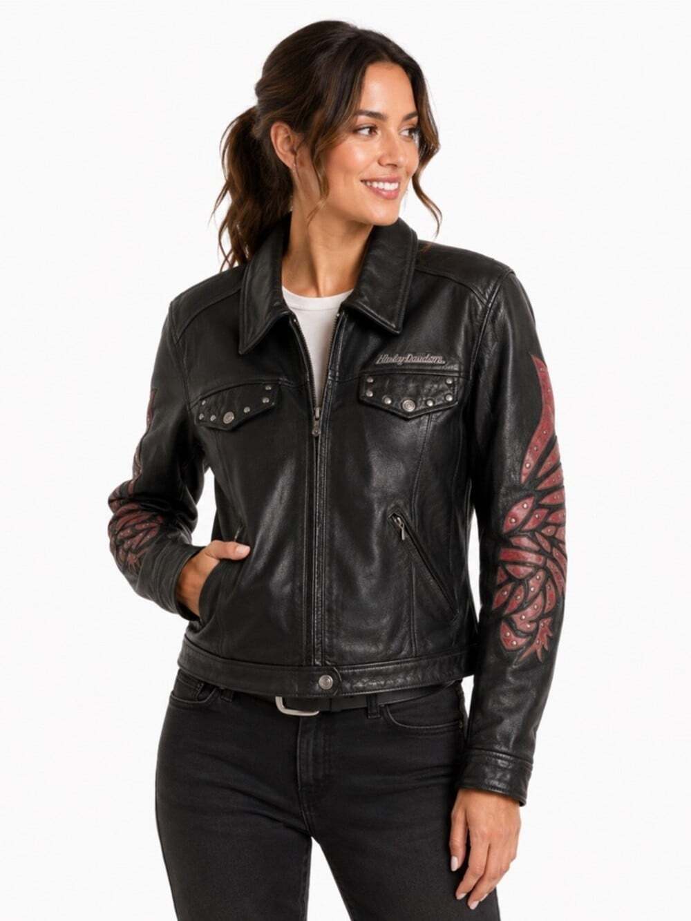 Harley Davidson Santa Cruz Leather Jacket Womens Medium Black Eagle Biker Moto